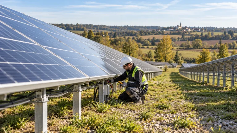 Technicien inspectant une ferme solaire